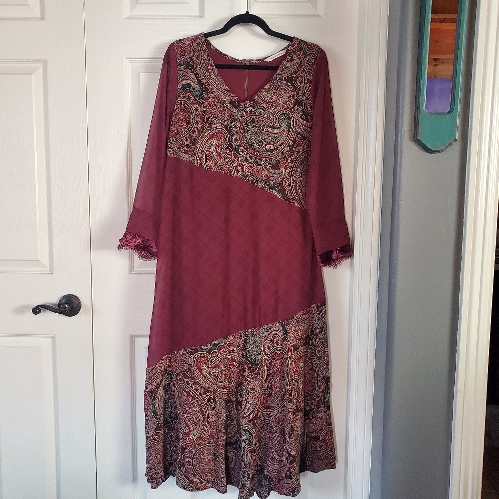 Soft Surroundings Aideen Burgundy Paisley Long Sleeve Maxi Dress Bohemian PM